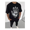 Unisex Bisiklet Yaka Baskılı Oversize T-Shirt - Siyah