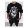 Unisex Bisiklet Yaka Baskılı Oversize T-Shirt - Siyah