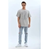 Unisex Oversize Taşlı Bisiklet Yaka T-Shirt - Gri
