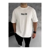 Unisex Bisiklet Yaka Baskılı Oversize T-Shirt - Beyaz