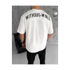 Unisex Bisiklet Yaka Baskılı Oversize T-Shirt - Beyaz