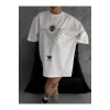 Unisex Bisiklet Yaka Baskılı Oversize T-Shirt - Beyaz