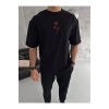 Unisex Bisiklet Yaka Baskılı Oversize T-Shirt - Siyah