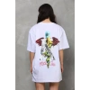 Unisex Bisiklet Yaka Baskılı Oversize T-Shirt - Beyaz