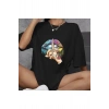 Unisex Bisiklet Yaka Baskılı Oversize T-Shirt - Siyah