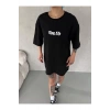 Unisex Bisiklet Yaka Baskılı Oversize T-Shirt - Siyah