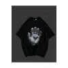 Unisex Bisiklet Yaka Baskılı Oversize T-Shirt - Siyah