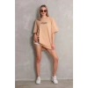 Unisex Bisiklet Yaka Baskılı Oversize T-Shirt - Bej