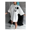 Unisex Bisiklet Yaka Baskılı Oversize T-Shirt - Beyaz