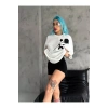 Unisex Bisiklet Yaka Baskılı Oversize T-Shirt - Beyaz