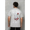 Unisex Bisiklet Yaka Baskılı Oversize T-Shirt - Gri
