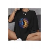Unisex Bisiklet Yaka Baskılı Oversize T-Shirt - Siyah