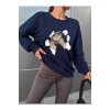 Kadın Uzun Kollu Bisiklet Yaka Kedi Desenli Viskon Iki Iplik Bluz