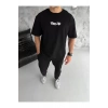 Unisex Bisiklet Yaka Baskılı Oversize T-Shirt - Siyah