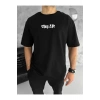 Unisex Bisiklet Yaka Baskılı Oversize T-Shirt - Siyah