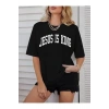 Kadın Bisiklet Yaka Kısa Kol Baskılı T-shirt - Siyah