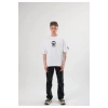 Unisex Bisiklet Yaka Baskılı Oversize T-Shirt - Beyaz