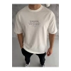 Unisex Bisiklet Yaka Baskılı Oversize T-Shirt - Beyaz