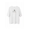Unisex Bisiklet Yaka Baskılı Oversize T-Shirt - Beyaz