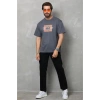 Unisex Bisiklet Yaka Baskılı Oversize T-Shirt - Füme