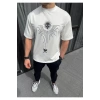 Unisex Bisiklet Yaka Baskılı Oversize T-Shirt - Beyaz
