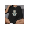 Unisex Bisiklet Yaka Baskılı Oversize T-Shirt - Siyah