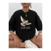Unisex Bisiklet Yaka Baskılı Oversize T-Shirt - Siyah