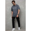 Unisex Bisiklet Yaka Baskılı Oversize T-Shirt - Füme