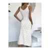 Kadın Bodycon İnce Askılı V Yakalı Saç Örgü Desenli Uzun Triko Elbise