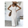 Kadın Bodycon İnce Askılı V Yakalı Saç Örgü Desenli Uzun Triko Elbise