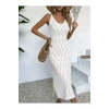 Kadın Bodycon İnce Askılı V Yakalı Saç Örgü Desenli Uzun Triko Elbise