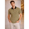 Erkek Pike Kumaş Polo Yaka Palmiye Desenli Tişört Kısa Kol Yazlık T-Shirt - Sarı