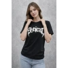 Bisiklet Yaka Ön Baskılı Kısa Kollu Tişört Streetwear Günlük Basic Pamuklu T-shirt - Siyah
