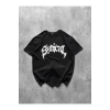 Bisiklet Yaka Ön Baskılı Kısa Kollu Tişört Streetwear Günlük Basic Pamuklu T-shirt - Siyah