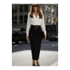 Kadın Uzun Kollu Kruvaze Yakalı Kemersiz Uzun Janjan Krep Elbise