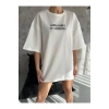 Unisex Bisiklet Yaka Baskılı Oversize T-Shirt - Beyaz