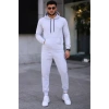 Erkek İki İplik Kapüşonlu Kanguru Cepli Sweatshirt Jogger Pantolon Alt Üst Eşofman Takımı -Beyaz