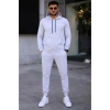 Erkek İki İplik Kapüşonlu Kanguru Cepli Sweatshirt Jogger Pantolon Alt Üst Eşofman Takımı -Beyaz
