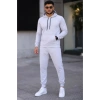 Erkek İki İplik Kapüşonlu Kanguru Cepli Sweatshirt Jogger Pantolon Alt Üst Eşofman Takımı -Beyaz