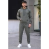 Erkek İki İplik Kapüşonlu Kanguru Cepli Sweatshirt Jogger Pantolon Alt Üst Eşofman Takımı - Haki