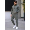 Erkek İki İplik Kapüşonlu Kanguru Cepli Sweatshirt Jogger Pantolon Alt Üst Eşofman Takımı - Haki