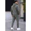 Erkek İki İplik Kapüşonlu Kanguru Cepli Sweatshirt Jogger Pantolon Alt Üst Eşofman Takımı - Haki