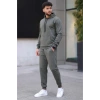 Erkek İki İplik Kapüşonlu Kanguru Cepli Sweatshirt Jogger Pantolon Alt Üst Eşofman Takımı - Haki