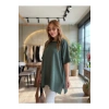 Kadın Bisiklet Yaka Kısa Yarasa Kollu Yanları Yırtmaçlı Oversize Dökümlü Merserize Bluz