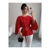 Kadın Uzun Kollu Yuvarlak Yakalı Yarasa Kollu Belden Kuşaklı Atlas Bluz