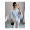 Kadın Uzun Kollu Yuvarlak Yakalı Yarasa Kollu Belden Kuşaklı Atlas Bluz