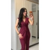 Kadın Kısa Kollu V Yakalı önü Sarmal Detaylı Yırtmaçlı Sandy Midi Elbise