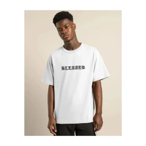 Unisex Bisiklet Yaka Oversize Baskılı T-Shirt - Beyaz