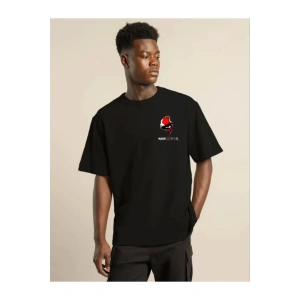 Unisex Bisiklet Yaka Baskılı Oversize T-Shirt - Siyah