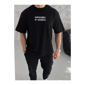 Leyaa Unisex Bisiklet Yaka Baskılı Oversize T-Shirt - Siyah